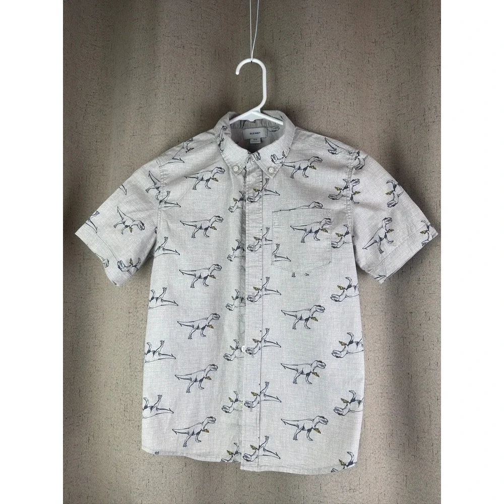 Old Navy Button Down Shirt Boys M 8 Gray Pre-loved Dinosaur Pizza Party Print